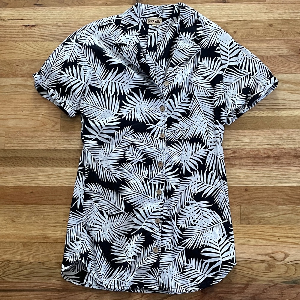 Black & White Palm-Print Button Front Shirt Dress